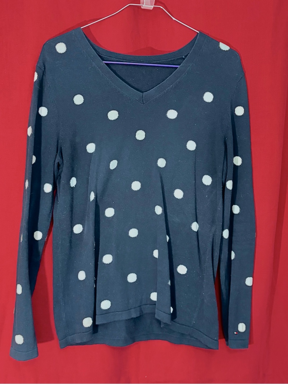 Polka Dot V-Neck Long Sleeve Top - Navy and White